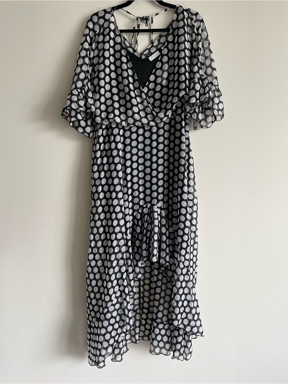 Asymmetrical high low hem black & white polka dot dress layered ruffle flutter L
